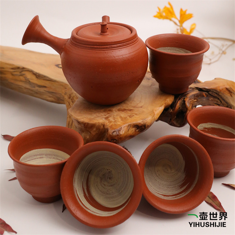 日本常滑烧 中洲 朱泥南蛮240ml纯手工日式紫砂侧把陶茶壶6点套组