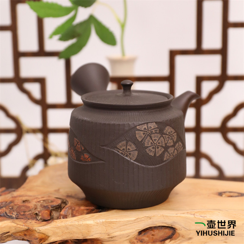 日本常滑烧急须 舜园 黑泥樱花雕240ml 纯手工日式紫砂侧把陶茶壶