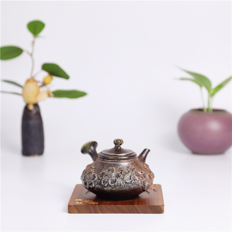 日本常滑烧急须 小西洋平 樱花柴烧130ml 纯手工侧把日式紫砂茶壶