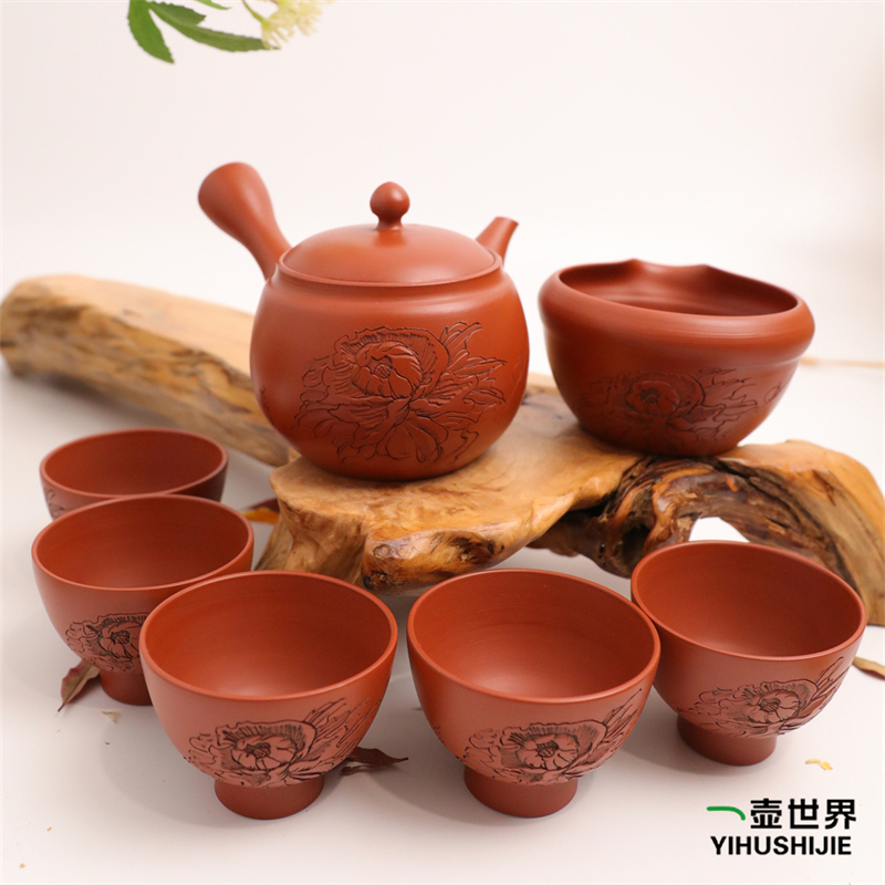 日本常滑烧纯手工日式紫砂侧把陶茶壶7点套组老北条朱泥牡丹280ml