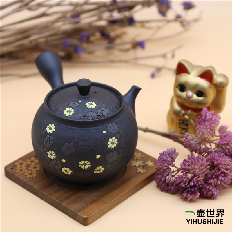 日本常滑烧急须 光松 朱泥黄菊花320ml 纯手工日式紫砂侧把陶茶壶