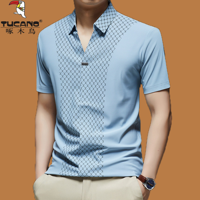 啄木鸟冰丝短袖t恤男士2025新款桑蚕丝翻领polo衫格子印花半袖潮V