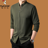 啄木鸟长袖 国风亚麻上衣潮t 宽松中式 T恤男棉麻爸爸唐装 立领POLO衫