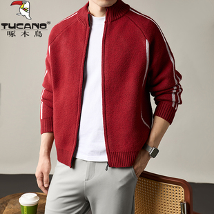 啄木鸟2025新款立领针织外套男加厚拉链毛线衣高级感宽松羊毛开衫