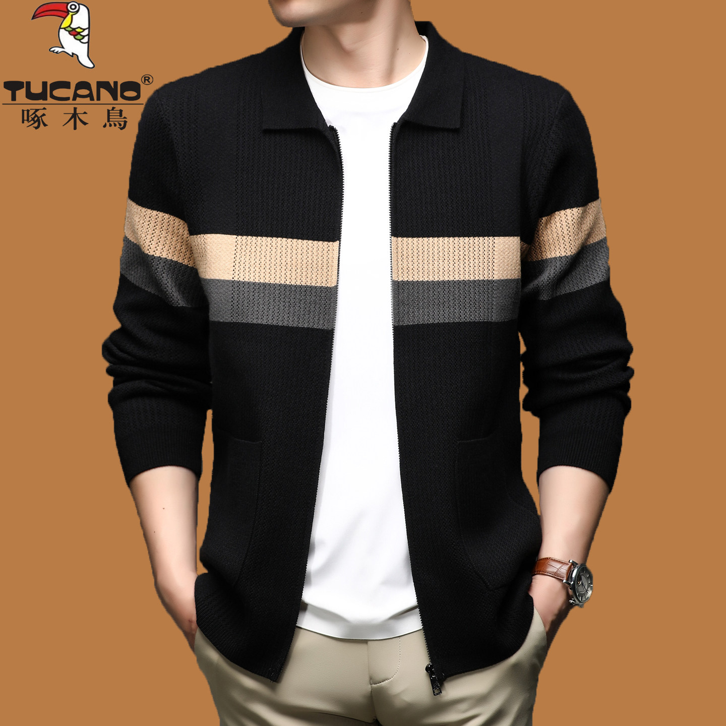 啄木鸟高级感针织外套男春秋薄款羊毛拉链开衫条纹翻领带口袋毛衣