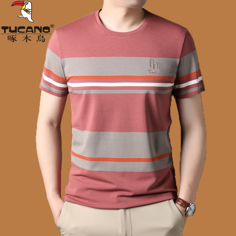 啄木鸟圆领纯棉T恤男短袖宽松半袖冰丝光棉体恤夏季条纹速干潮t恤