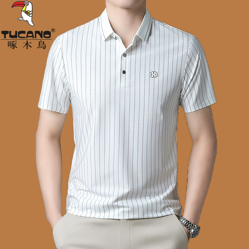 啄木鸟夏薄款冰丝短袖T恤男青年百搭印花半袖桑蚕丝翻领POLO衫潮T