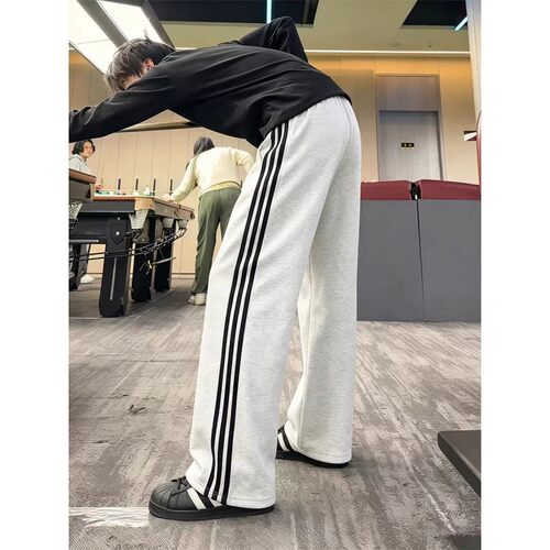 美式花灰色三条杠卫裤男款秋季高个子加长裤子显瘦条纹休闲运动裤