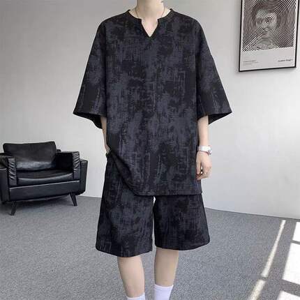 大尺码中国风V领休闲运动套装短袖ins夏季扎染印花帅气一整套搭配