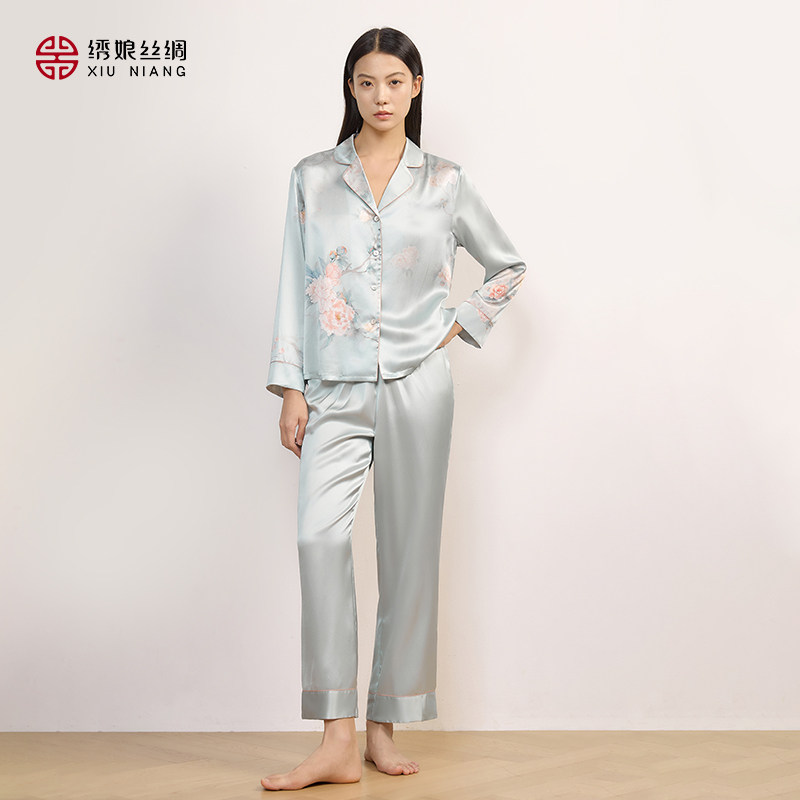 绣娘丝绸100%桑蚕丝新款真丝睡衣高级印花宽松女款家居服套装礼盒