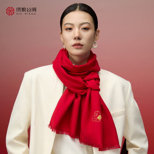 绣娘丝绸新年红色围巾手工苏绣