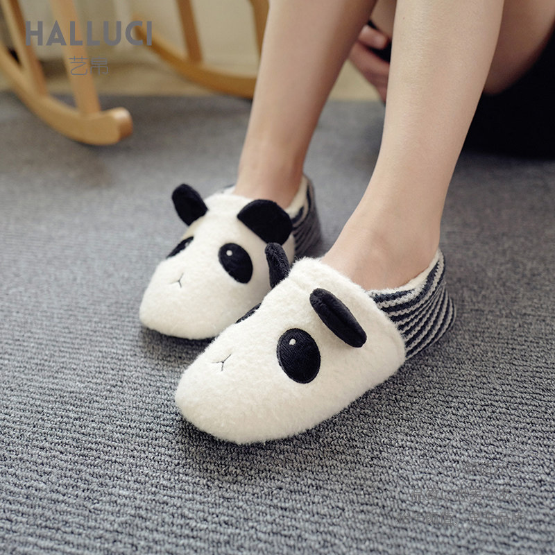 艺帛Halluci 熊猫卡通毛绒拖鞋 棉鞋室内软底加绒加厚保暖家居鞋