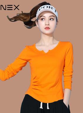 广场舞跳操服春秋长袖纯色上衣橙色健身操运动服妈妈纯棉跳舞衣服