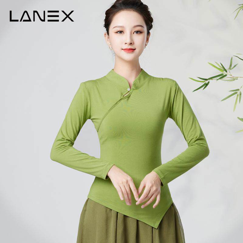 广场舞长袖莫代尔盘扣上衣中式国风古典舞演出服立领绿色跳舞衣服