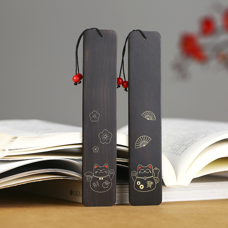红木质嵌铜招财猫书签套装礼盒 复古典中国风创意黑檀木制个性简约文艺学生用刻字公司纪念商务礼品定制logo