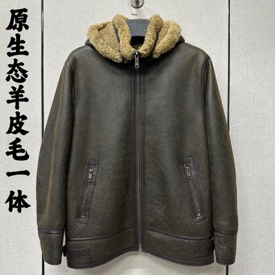 原生态皮毛一体男绵羊皮真皮皮衣机车夹克b3飞行服皮草加厚冬外套