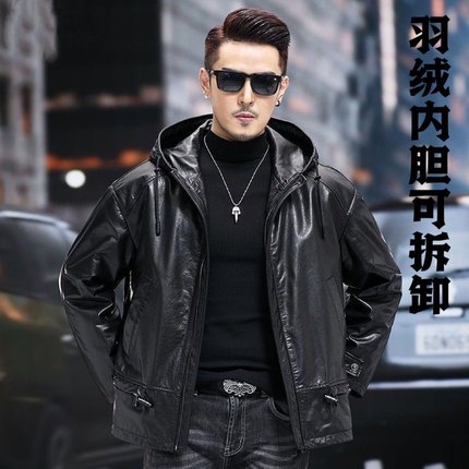 2023羽绒内胆油蜡纯牛皮真皮皮衣男羽绒服连帽阔版外套海宁皮夹克