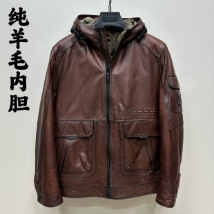 男士 外套厚 高端真皮皮衣山羊皮油蜡皮夹克美利奴羊毛内胆连帽冬季