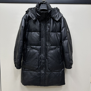 2024可拆卸连帽羽绒头层小牛皮外套男真皮皮衣羽绒服中长款皮大衣