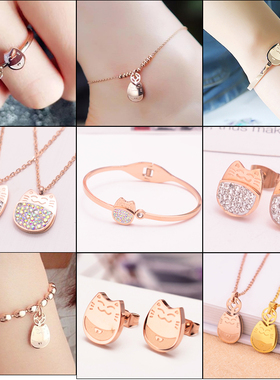 日韩版时尚个性钛钢镀18K玫瑰金招财猫戒指女款食指环戒子潮