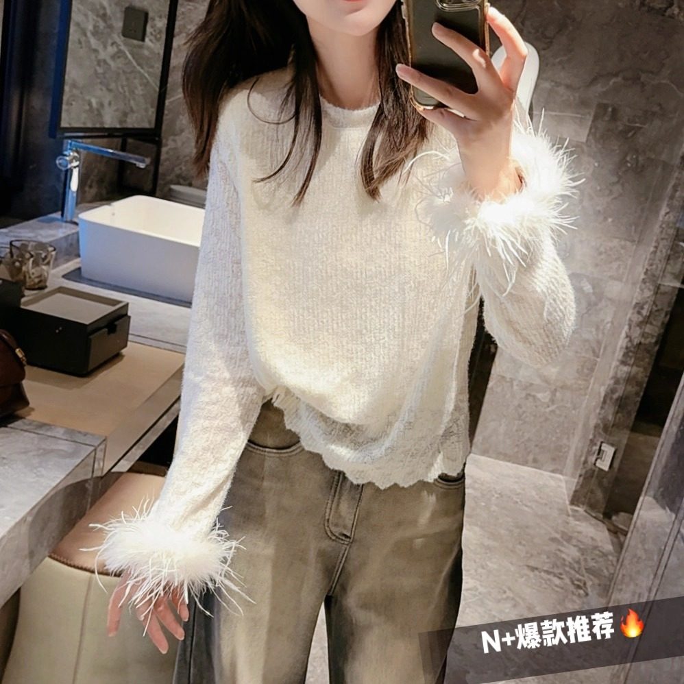 N＋正版2025秋冬新款拼接袖口羽毛蕾丝花边上衣女短款加厚打底衫,女装/女士精品,毛针织衫,淘宝优惠券,粉丝福利购,淘宝优惠卷