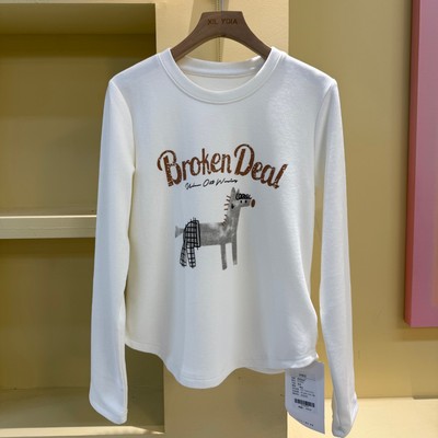 2025秋冬新款韩系减龄卡通印花加厚长袖T恤女短款德绒上衣打底衫