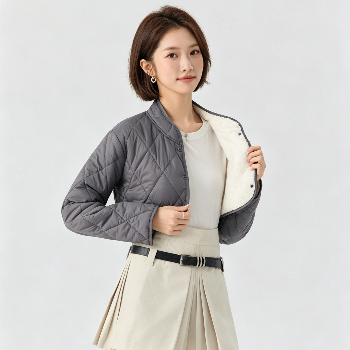 棉服女秋冬短款立领毛内胆仿羊羔绒加厚轻薄保暖护肩棉衣袄妈妈装