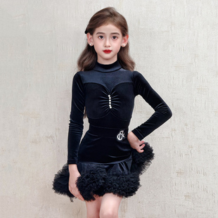 梵蒂恺少儿拉丁舞服女童练功服冬长袖丝绒舞蹈演出服拉丁舞服套装