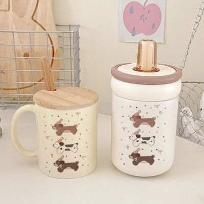 戴帽腊肠犬萌杯！棕色圆环提手保温杯 + 陶瓷马克杯