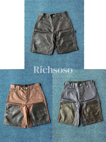 天花顶925银扣 撞色十字双膝拼皮尼龙伐木工装裤短裤男女同款
