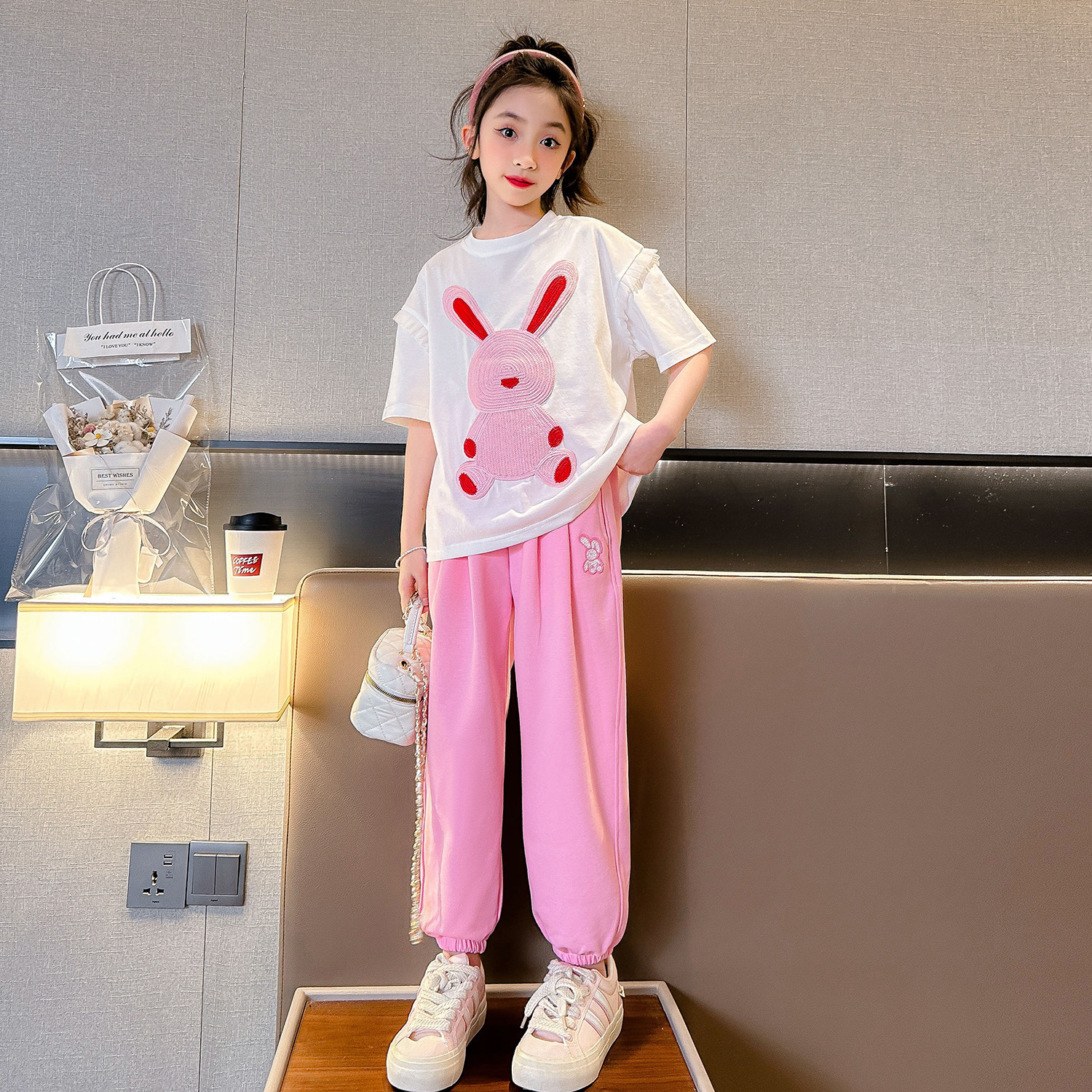 女童套装夏季2024新款韩版洋气时髦儿童夏装休闲防蚊裤运动两件套