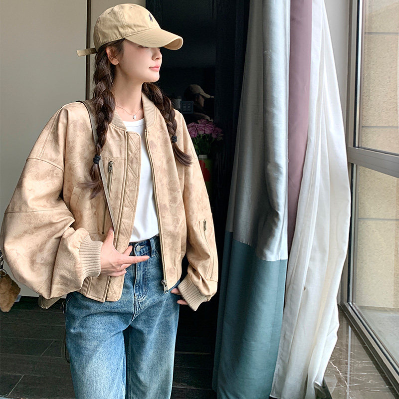 韩版印花皮衣外套女春秋宽松