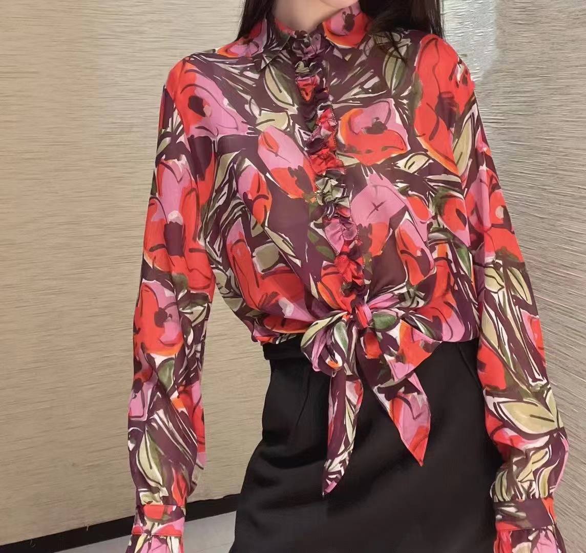 欧阿玛施女装2023夏新款微透绑带桑蚕丝印花短款长袖衬衫女防晒衣