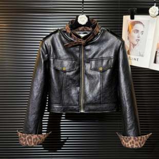 酷飒辣妹风复古豹纹拼接立领系带PU皮衣女短款 时髦机车服夹克外套