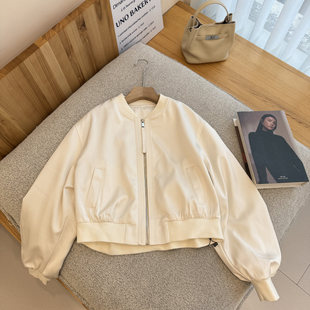 韩系设计感圆领褶皱缎面棒球服短外套女春季 宽松休闲减龄夹克上衣