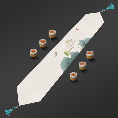 新中式荷花桌旗棉麻茶席茶桌装饰桌布防水干泡台简约茶台布床尾巾