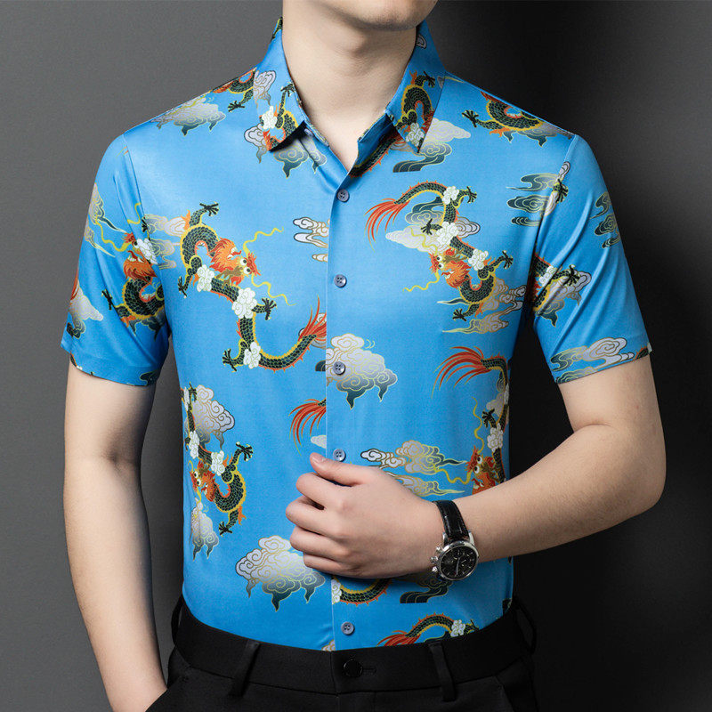 高端桑蚕丝短袖花衬衫男中国风龙款无痕抗皱夏季休闲冰丝印花衬衣
