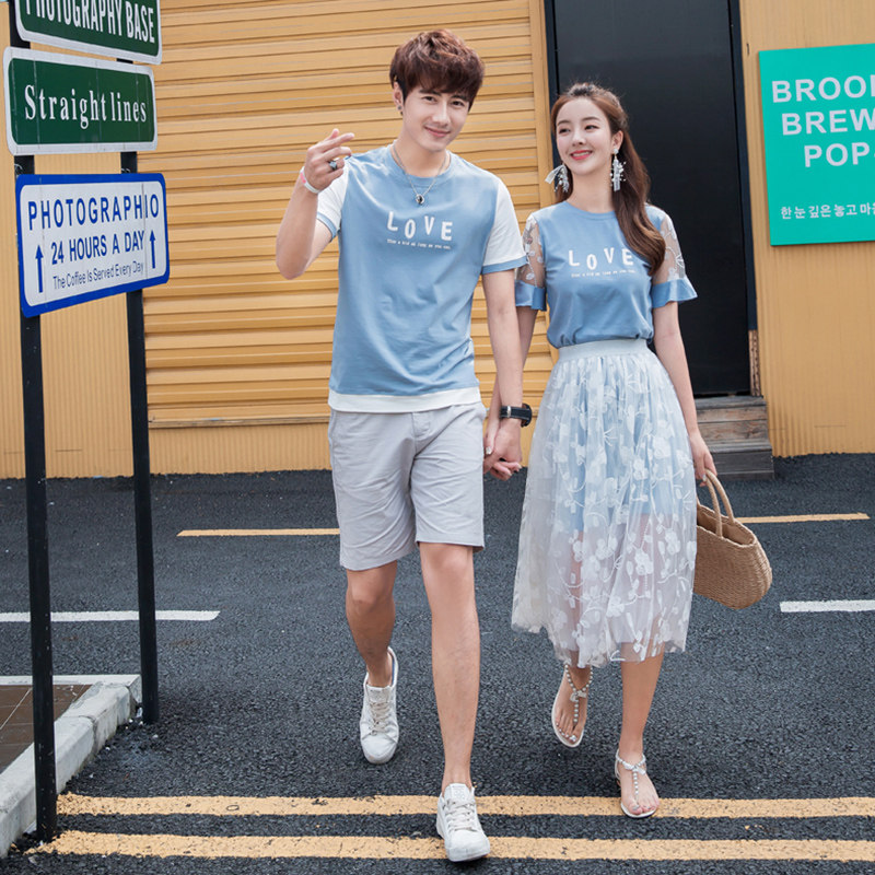 夏季情侣装连衣裙2020新款韩版网纱拼接女裙气质qlz男短袖T恤