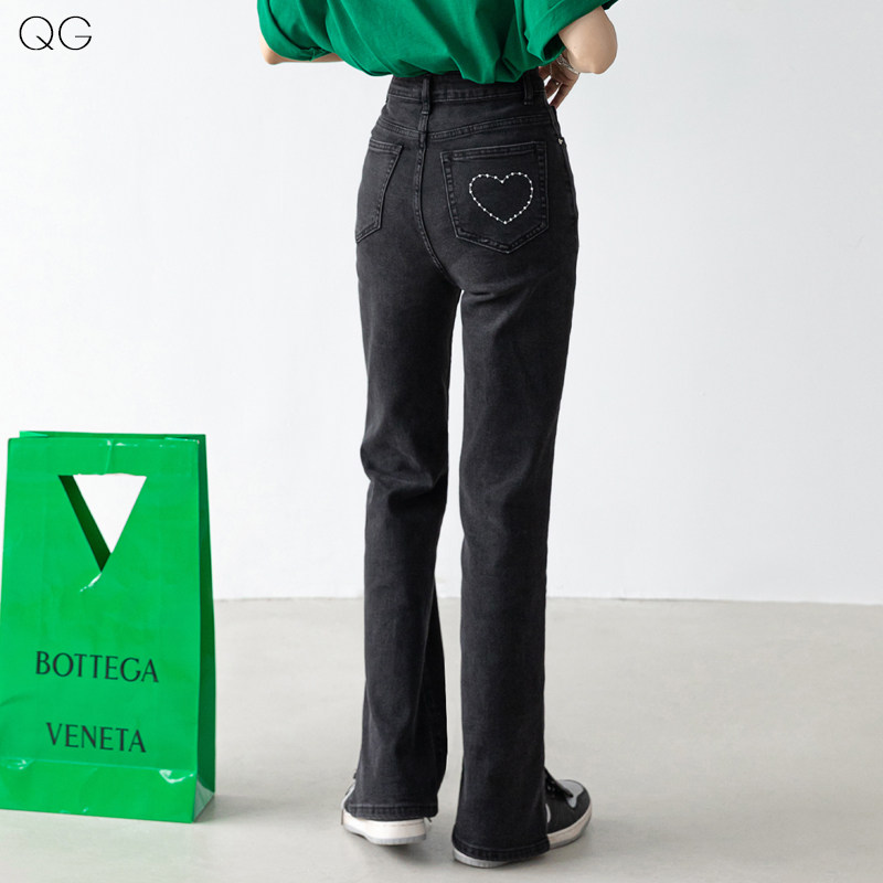 黑色开叉牛仔裤女春秋长裤2021年新款设计感阔腿高腰显瘦微喇叭