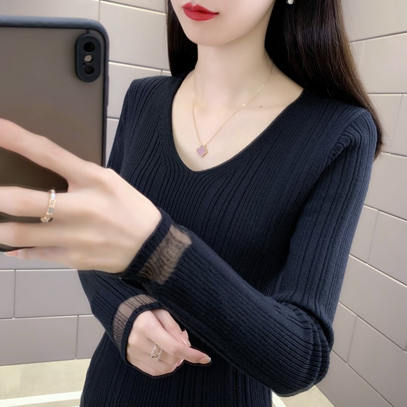 2025春秋蕾丝鸡心V领修身针织衫洋气上衣修身内搭打底衫毛衣甜美
