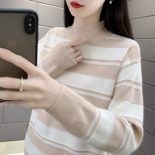 半高领大条纹宽松毛衣女装打底衫