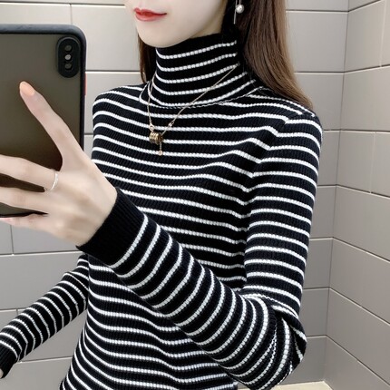 堆堆领黑白条纹针织衫女秋冬新款修身加厚打底衫洋气高领毛衣上衣