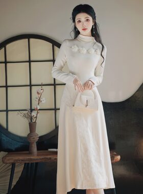 RIERA2024新款中式国风针织立体花朵连衣裙女秋冬季修身显瘦气质
