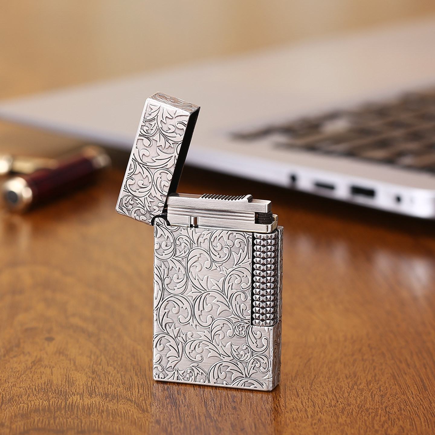 正品充气打火机经典侧滑响铜朗声高档送礼火机古银唐草男士礼物