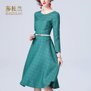 2255 圆领大摆裙遮肉显瘦长袖 莎杜兰气质格纹秋装 连衣裙女2022新款