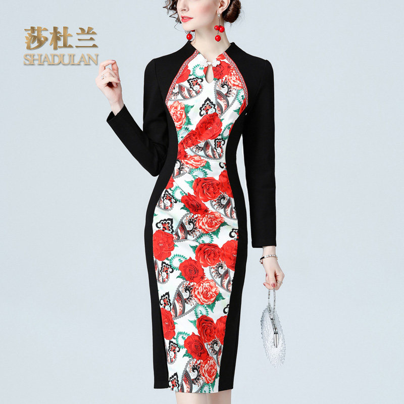 莎杜兰改良旗袍裙春装连衣裙女2022新款国风印花罗马棉开叉裙2065