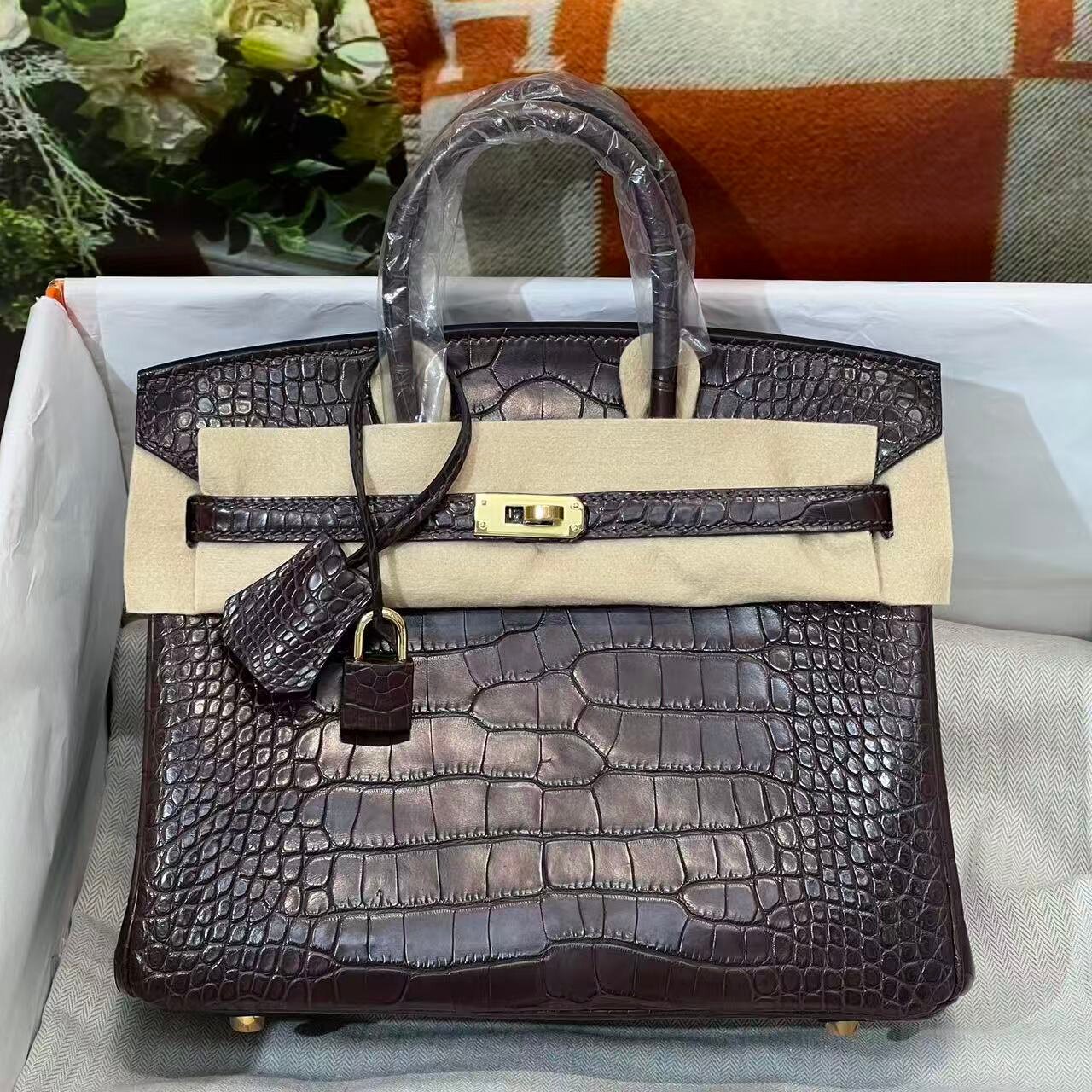 巧克力色雾面方块美洲鳄鱼皮BK铂金包25女士手提包纯手工缝复古