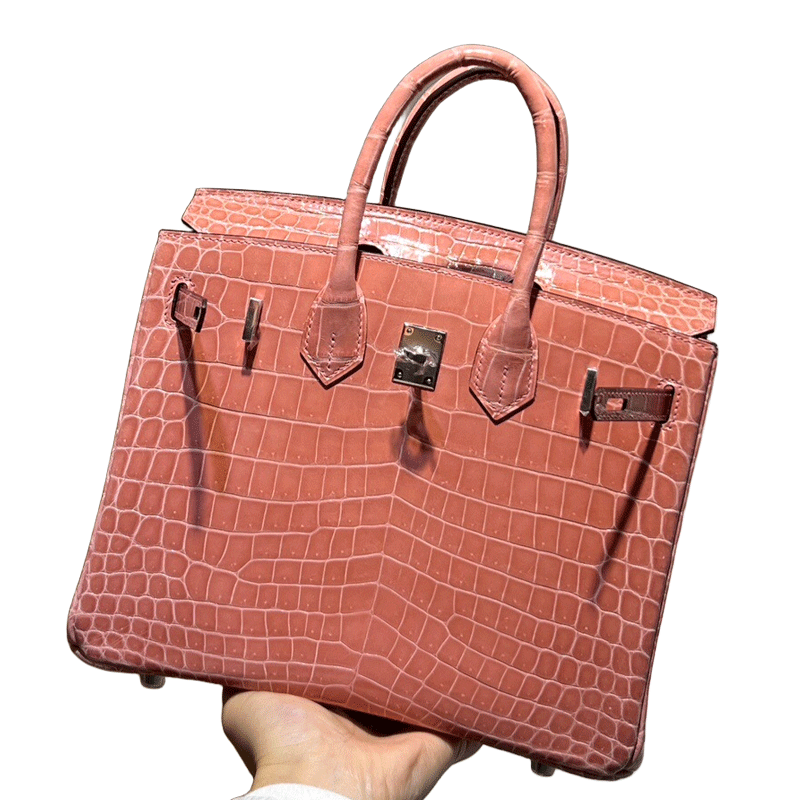 樱花粉进口高光尼罗鳄鱼BK铂金包25CM女士手提包带锁手工内缝女包