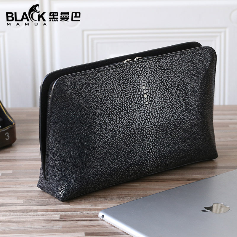 黑曼巴珍珠鱼贝壳手包魔鬼鱼手拿包男士商务夹包手抓包真皮男包潮