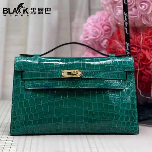 黑曼巴高光尼罗鳄鱼皮女包凯莉一代22CM翡翠绿手拿mini手提包亮面